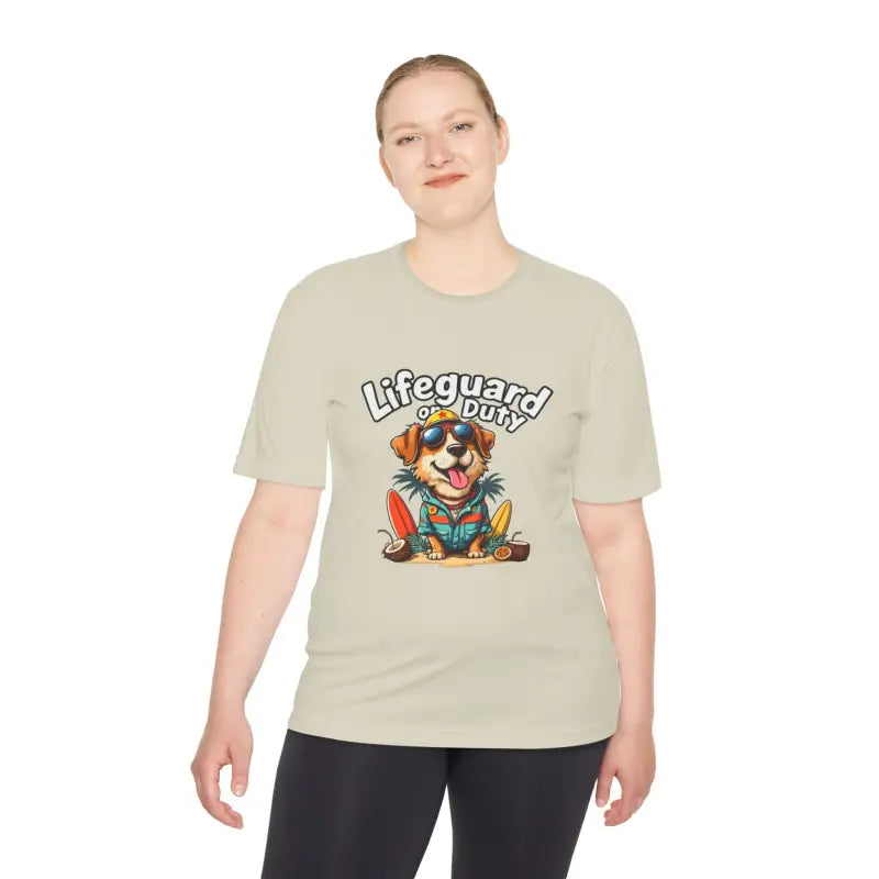 Beige dog lifeguard graphic unisex moisture-wicking T-shirt for beach lovers
