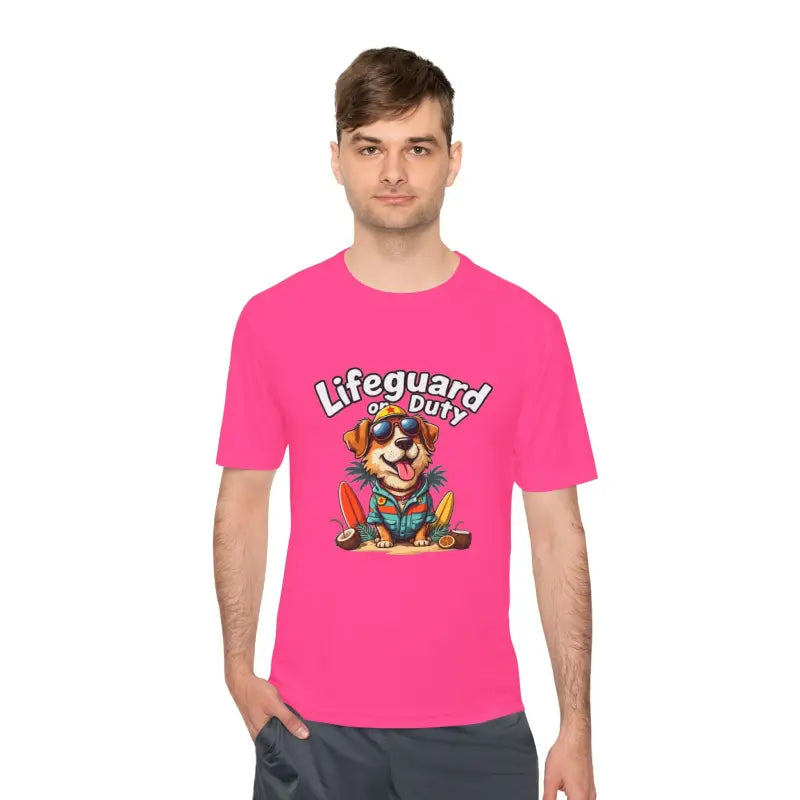 Man wearing a pink Lifeguard Duty Dog unisex moisture-wicking beach T-shirt