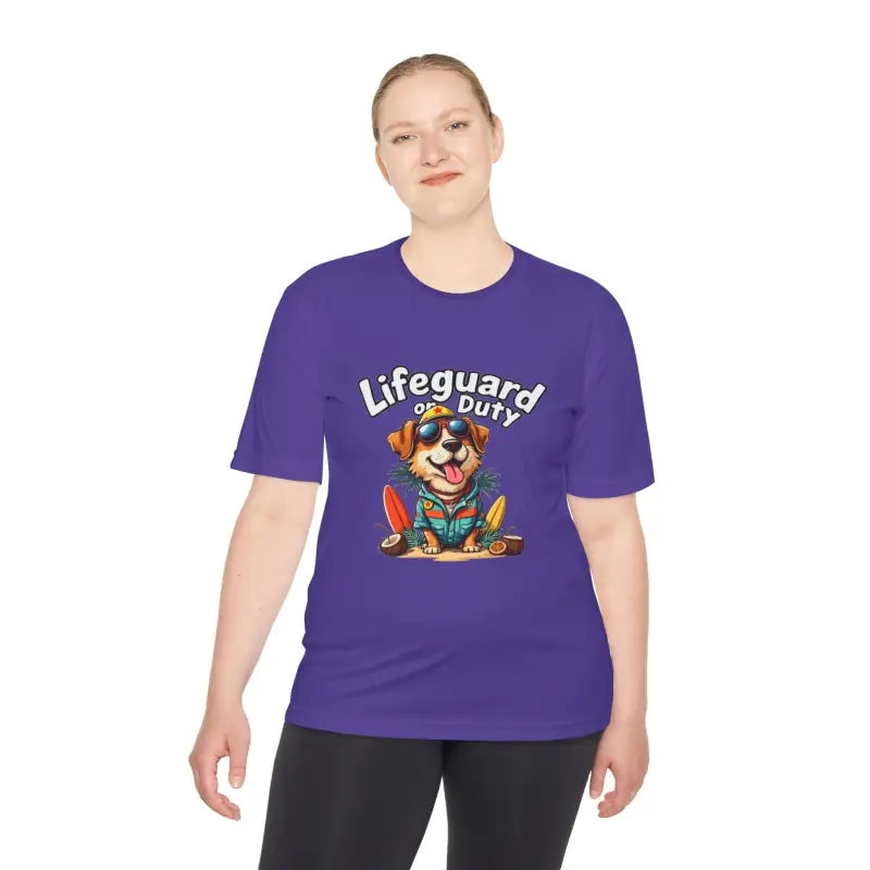 Purple Lifeguard Duty Dog unisex moisture-wicking T-shirt for beach lovers
