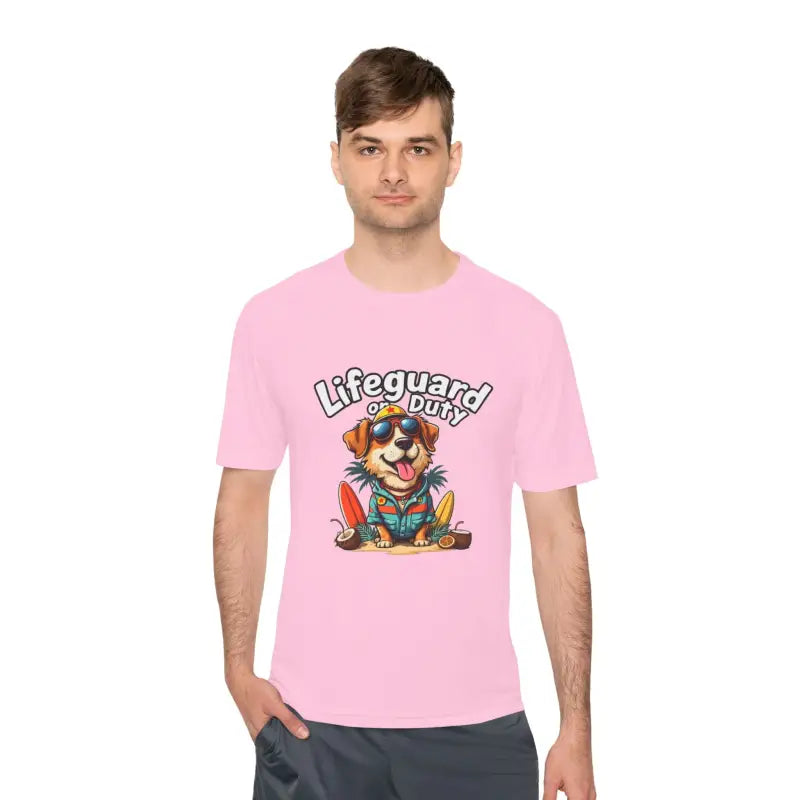 Pink Lifeguard Duty Dog Unisex Moisture Wicking T-Shirt for Beach Lovers