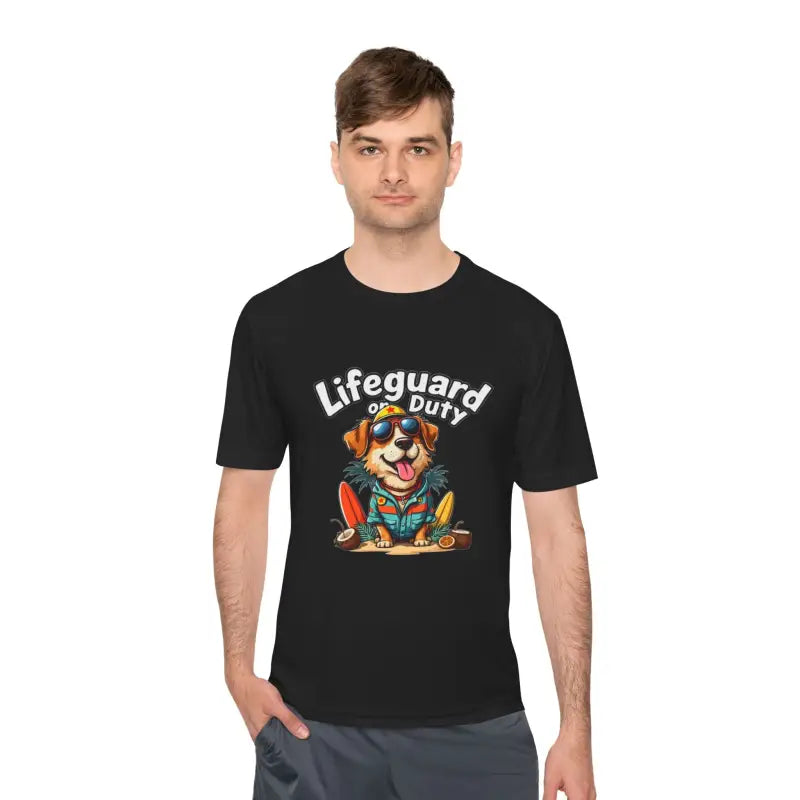 Black unisex moisture-wicking T-shirt featuring dog lifeguard graphic for beach enthusiasts