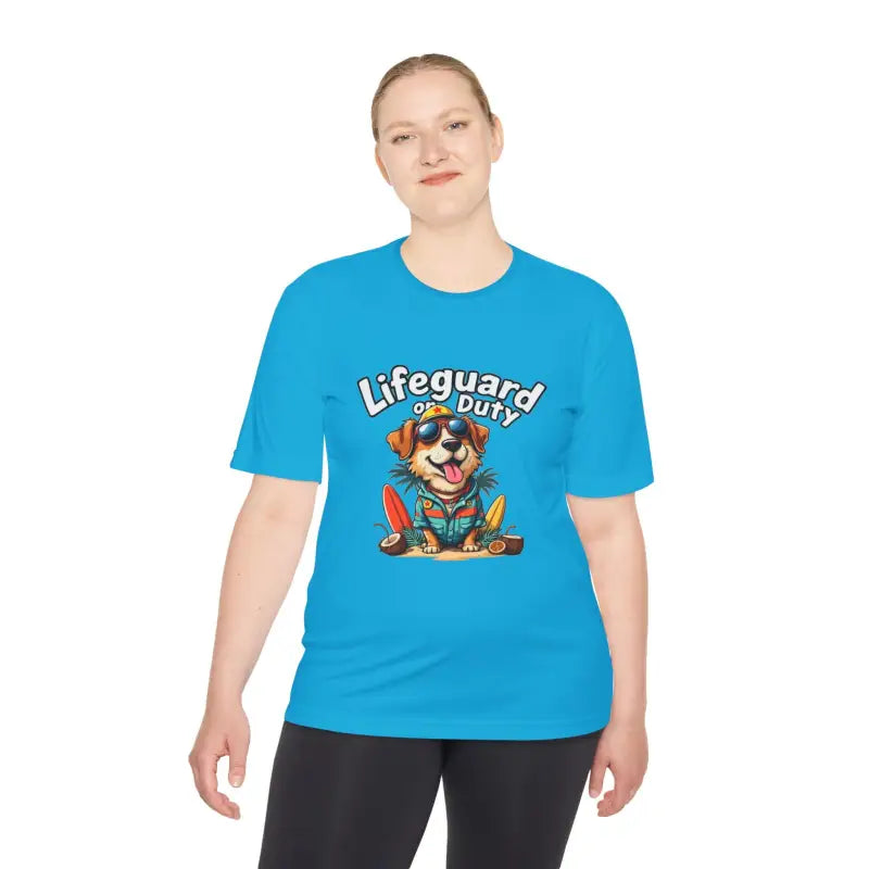 Turquoise dog lifeguard graphic T-shirt from Lifeguard Duty Dog unisex moisture-wicking tee