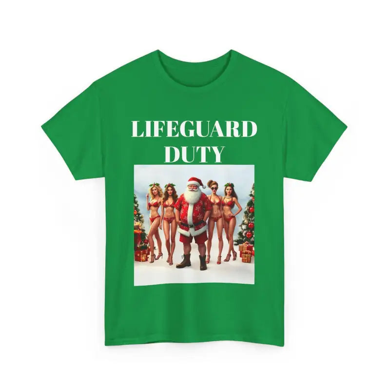 Green Lifeguard Santa Unisex Tee featuring Santa and bikini-clad women graphic