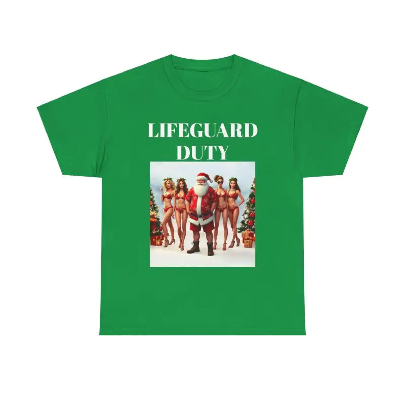 Green Lifeguard Santa Unisex Tee featuring Santa with bikini-clad women graphic