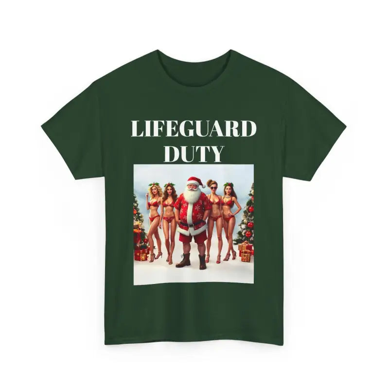 Green Lifeguard Santa Unisex Tee featuring ’Lifeguard Duty’ and Santa graphic