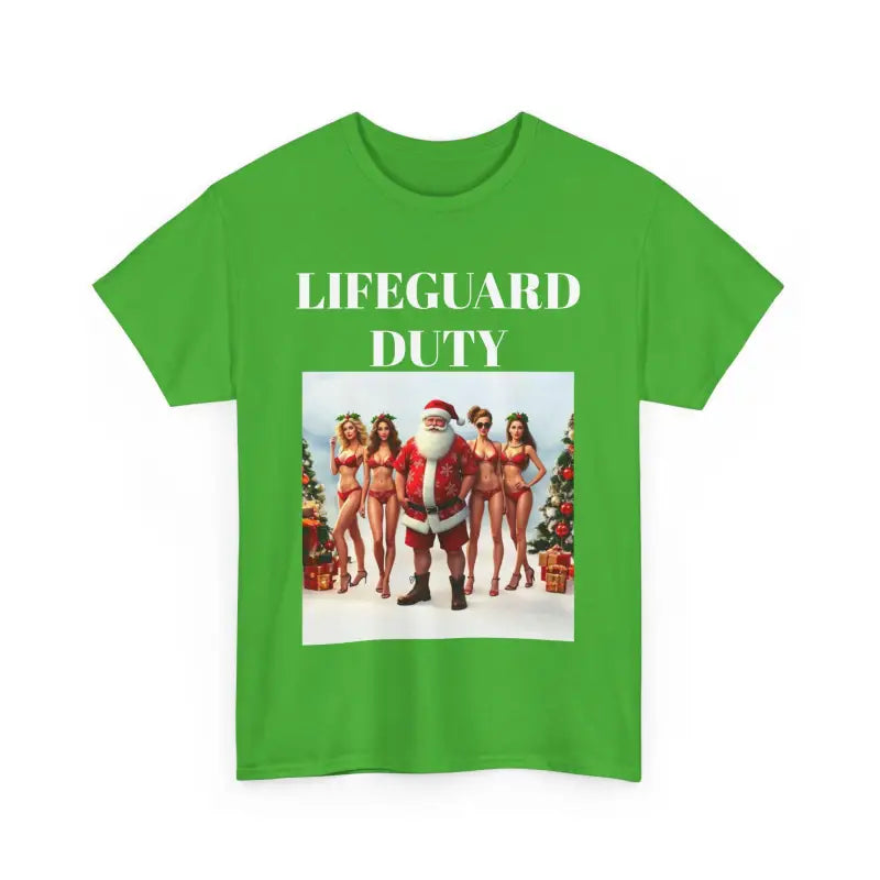 Green Lifeguard Santa Unisex Tee featuring bikini-clad women graphic and text