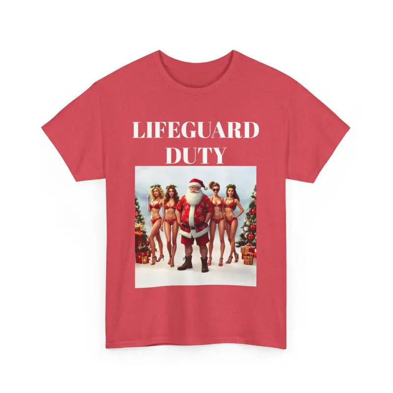 Red Lifeguard Santa Unisex Tee featuring Lifeguard Duty graphic for beachwear
