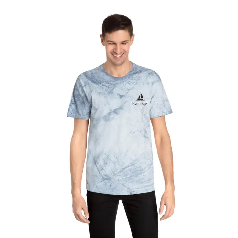 Man showcasing Life’s a Beach Unisex T-Shirt with vibrant coastal pattern