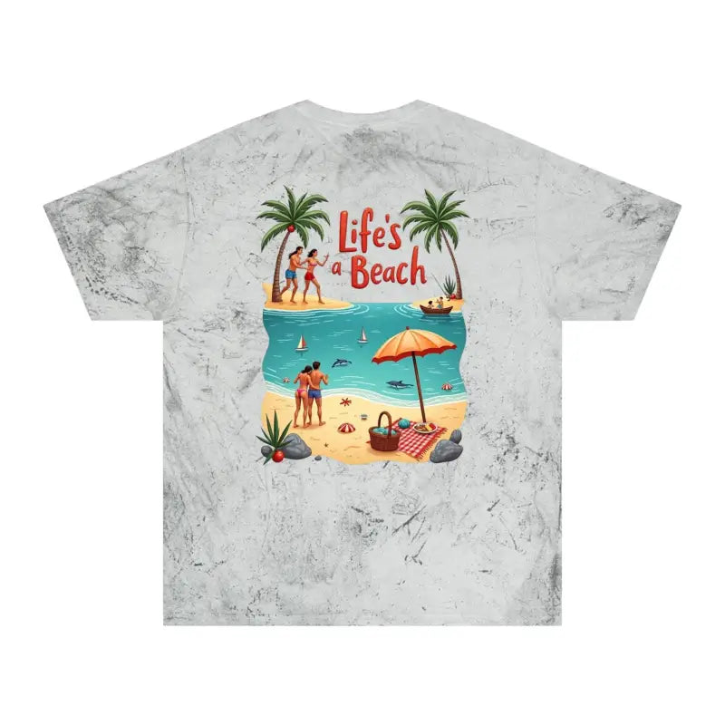 Tie-dye t-shirt featuring a vibrant beach scene, ideal for coastal relaxation wear