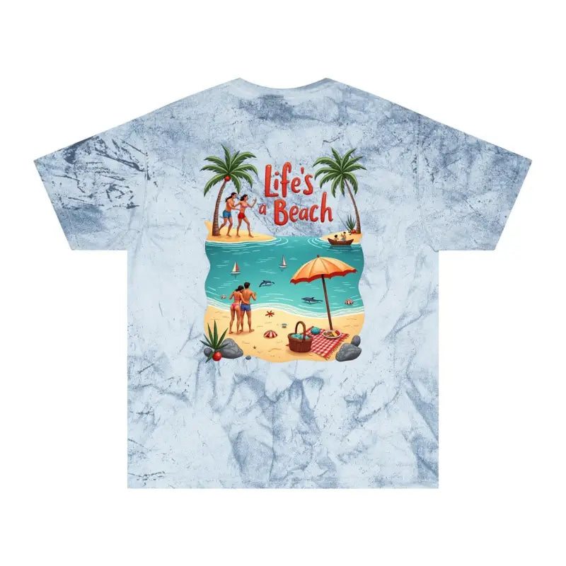 Tie-dye T-shirt featuring a vibrant beach scene, perfect for coastal relaxation