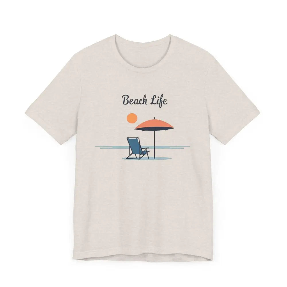 Beige Life’s a Beach Unisex Tee featuring a vibrant tropical beach scene design