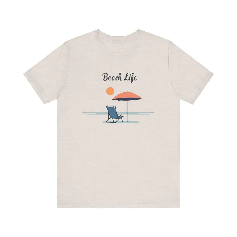 Beige t-shirt featuring a vibrant beach scene from Life’s a Beach Unisex Tee