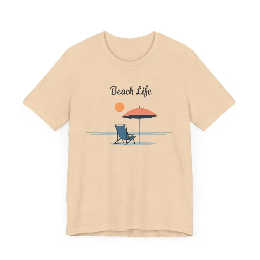 Beige t-shirt featuring a vibrant beach scene from Life’s a Beach Unisex Tee