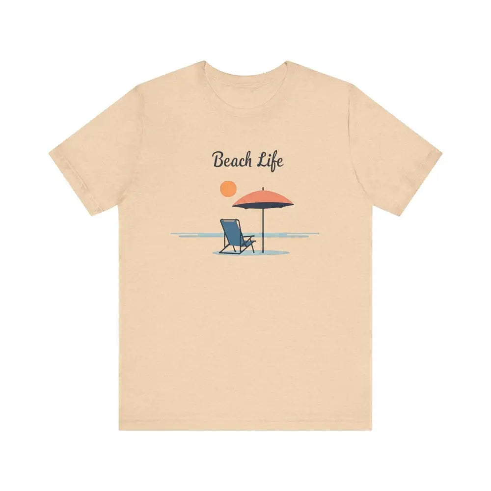 Beige Life’s a Beach Unisex Tee featuring a vibrant tropical vacation scene