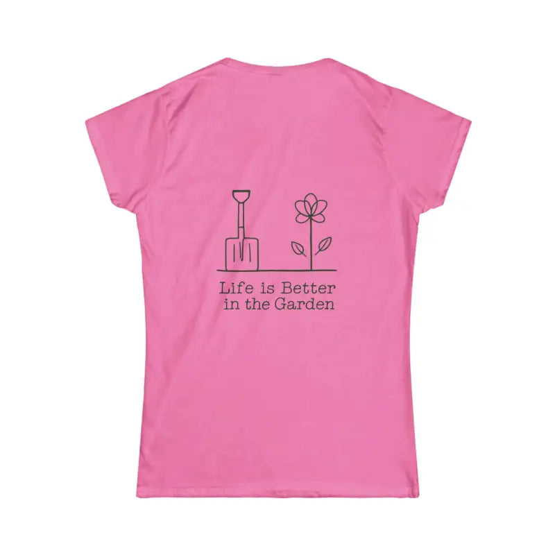 Pink t-shirt featuring a gardening design from Light Blue Women’s Gardening Tee
