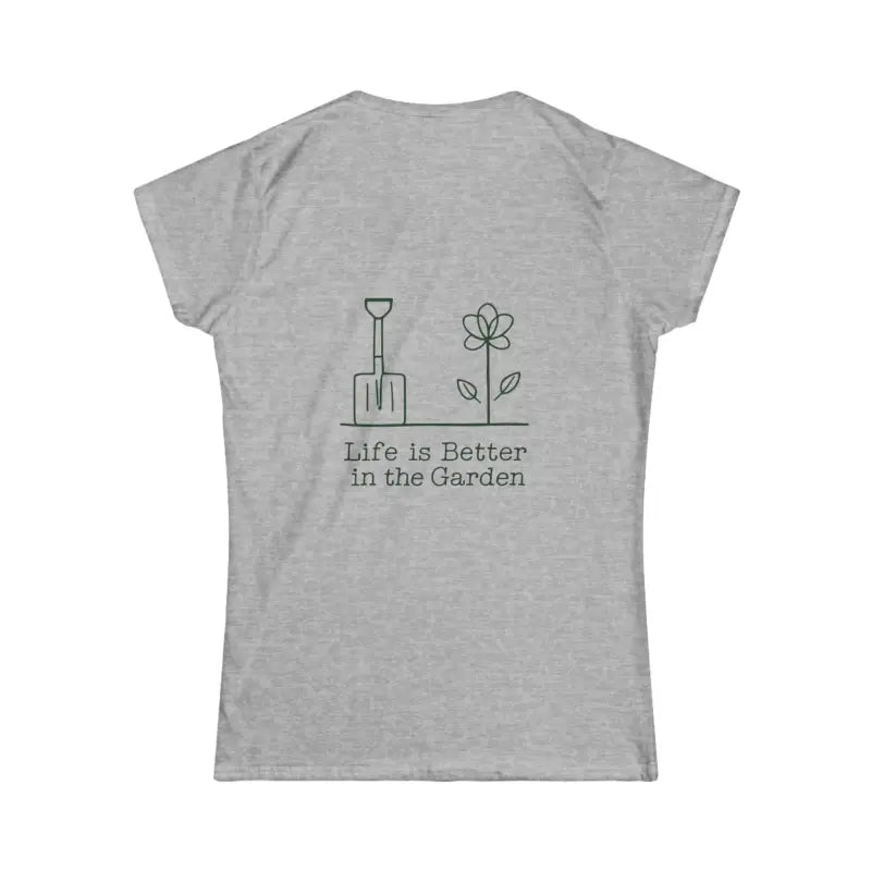 Gray t-shirt featuring a gardening design from Light Blue Women’s Gardening Tee