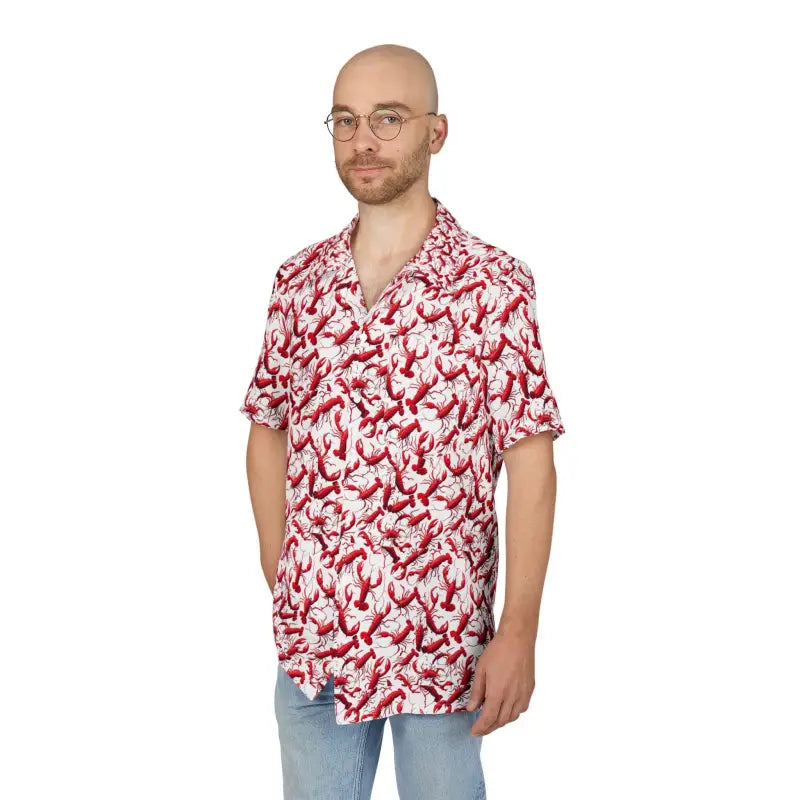 Man wearing Lobster Print Unisex Hawaiian Button Down Shirt with vibrant lobster design