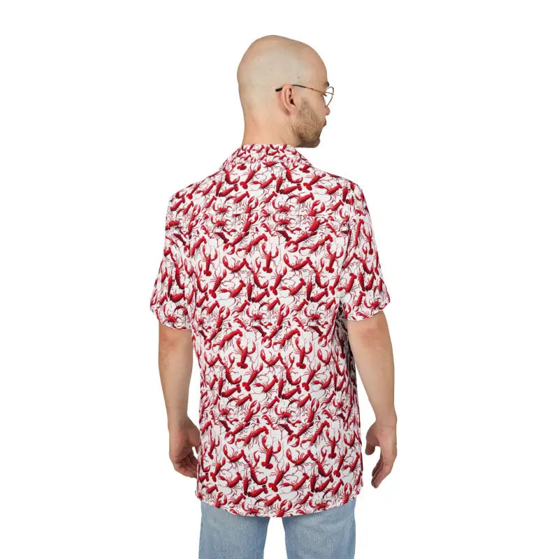 Man wearing Lobster Print Unisex Hawaiian Button Down Shirt with vibrant lobster pattern