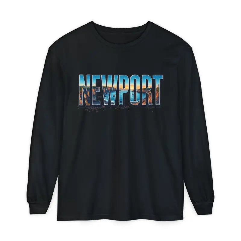 Black long-sleeved shirt featuring Newport graphic, ideal for casual wear