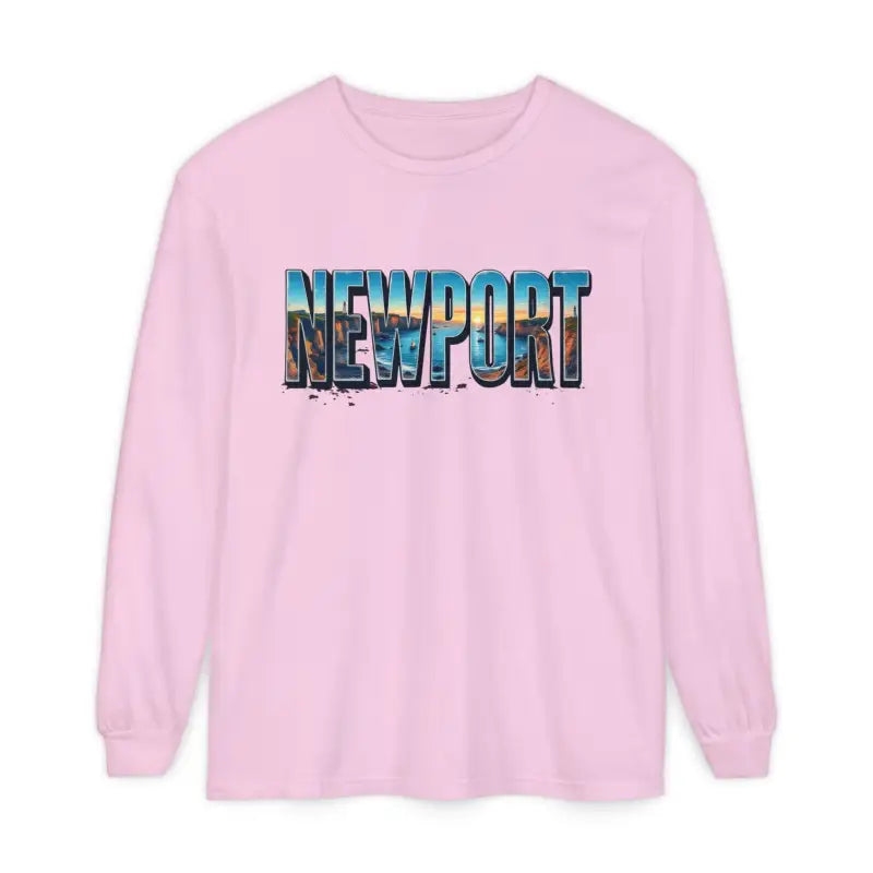 Pink long-sleeved shirt featuring Newport graphic design in stylish apparel collection
