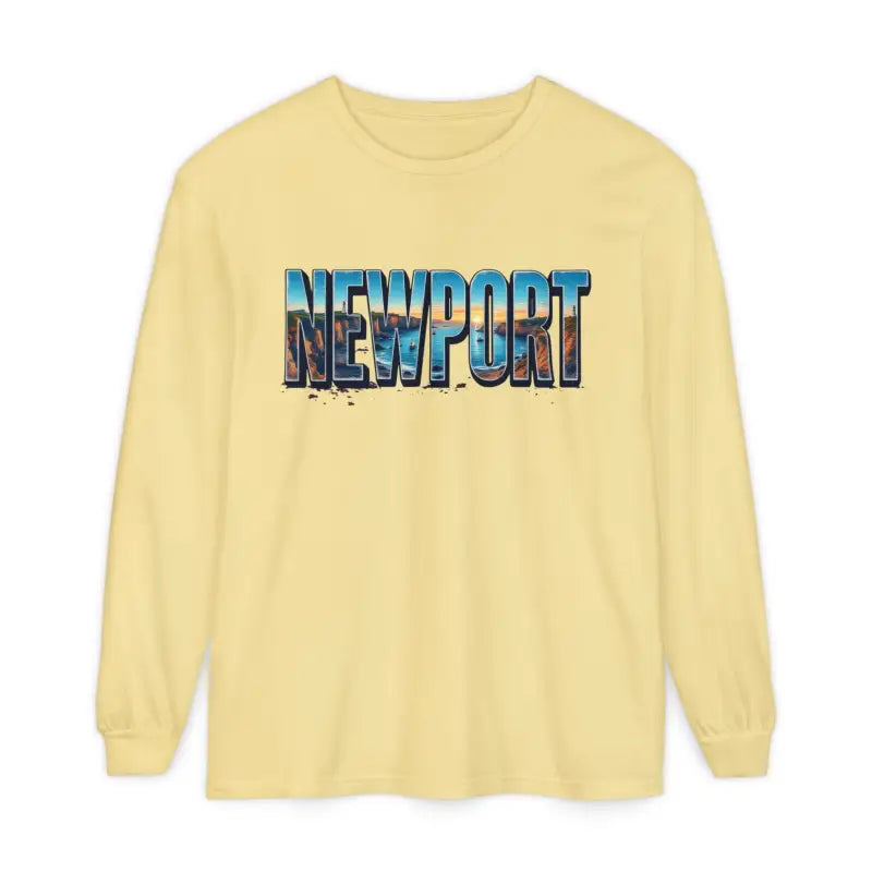 Yellow long-sleeved shirt featuring Newport graphic design for casual style