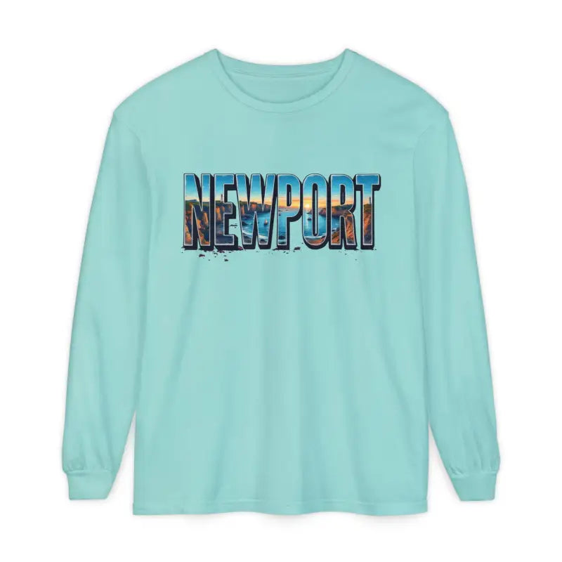 Light blue long-sleeved shirt featured in Yellow Long Sleeved Shirt with Newport Graphic