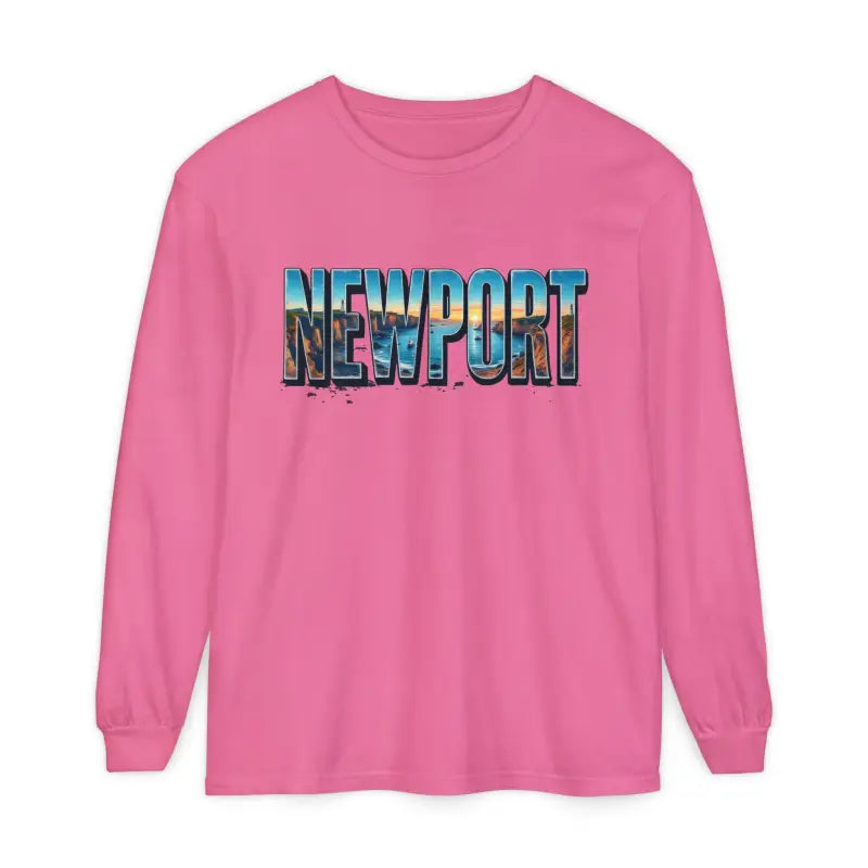 Pink long-sleeved shirt featuring Newport graphic in vibrant design