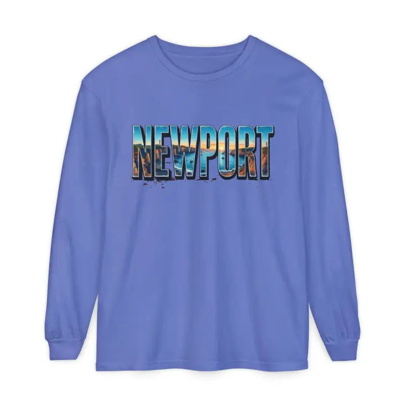 Blue long-sleeved shirt featuring Newport graphic on a stylish design