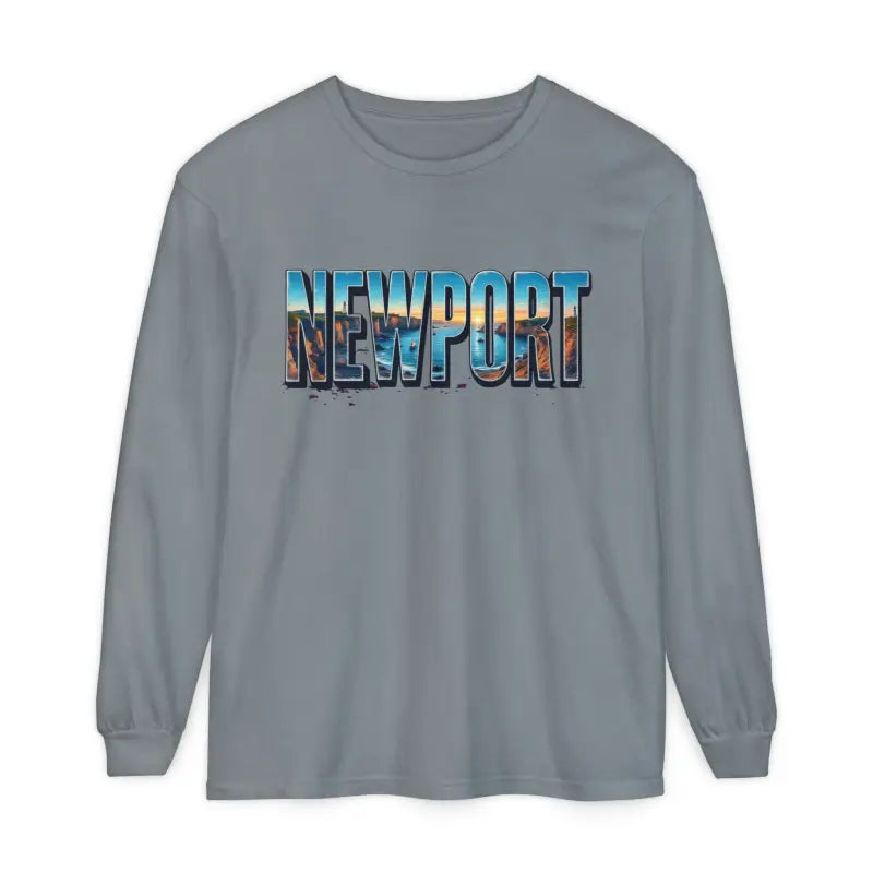 Gray long-sleeved shirt featuring Newport graphic for stylish casual wear