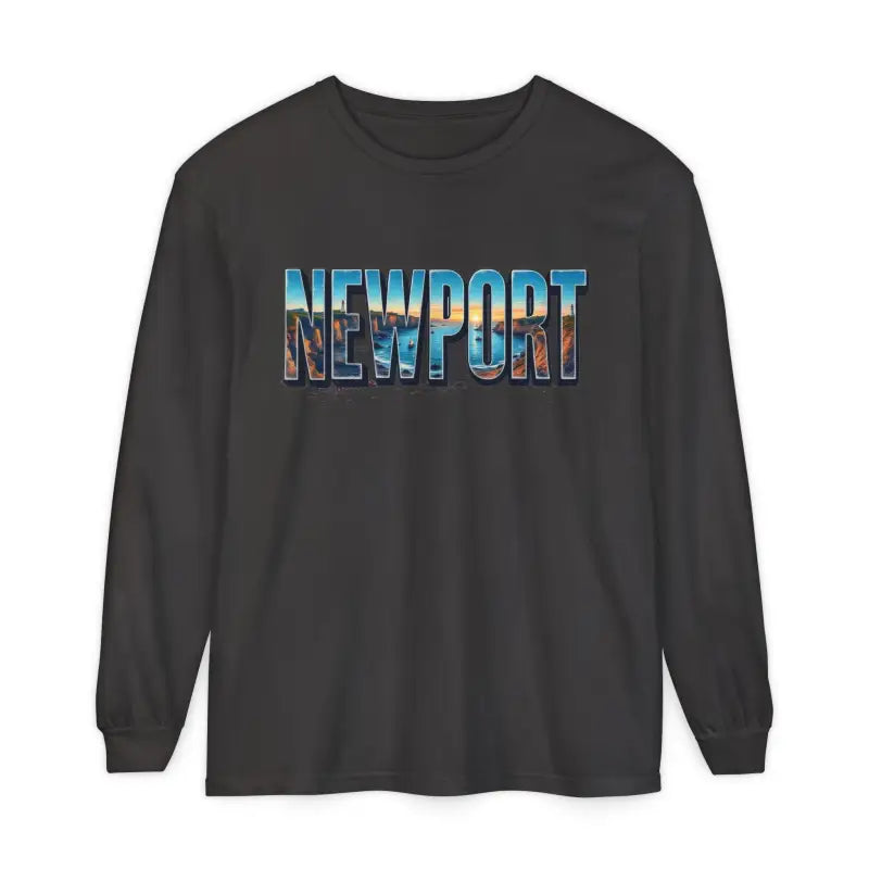 Gray long-sleeved shirt featuring Newport graphic for casual stylish wear