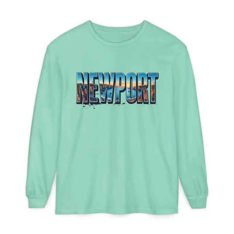 Mint green long-sleeved shirt featuring Newport graphic design for stylish wear