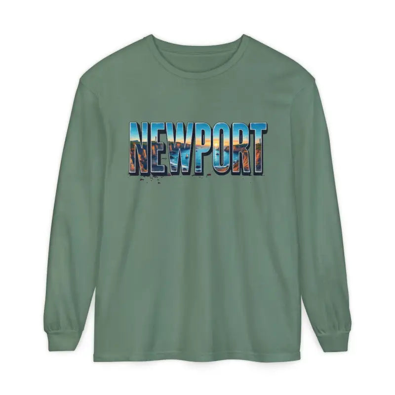 Green long-sleeved shirt featuring Newport graphic displayed in Yellow Long Sleeved Shirt