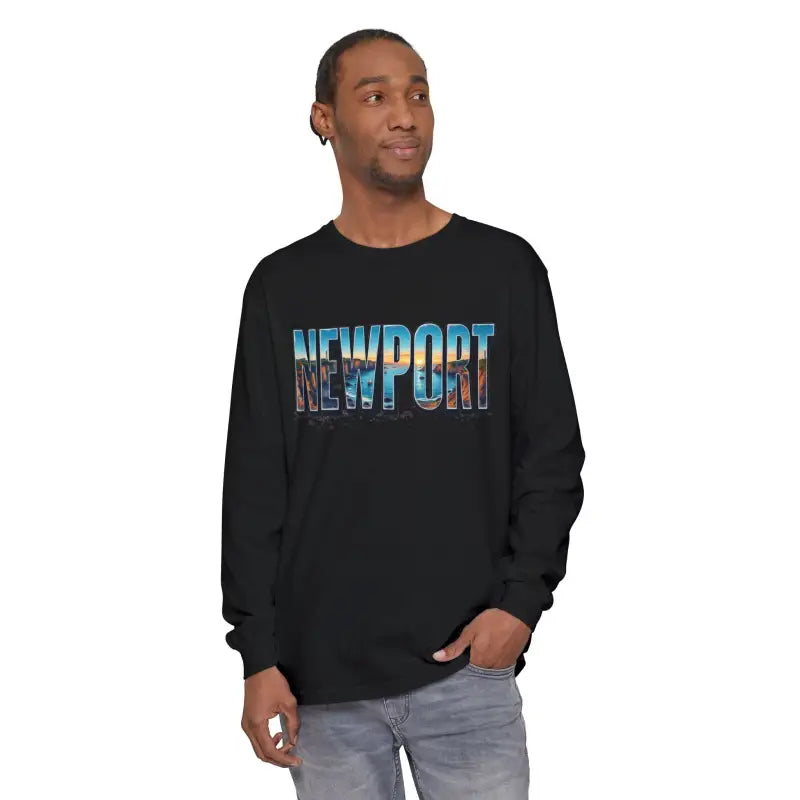 Black long-sleeved shirt featuring Newport graphic design on a stylish apparel display