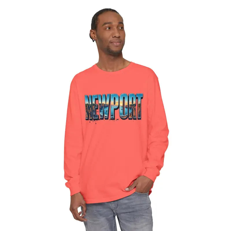 Coral long-sleeved shirt featuring a Newport graphic design for stylish casual wear