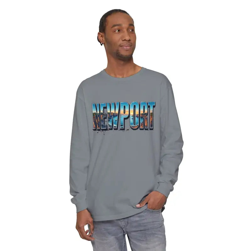 Gray long-sleeved shirt displayed in Yellow Long Sleeved Shirt with Newport Graphic