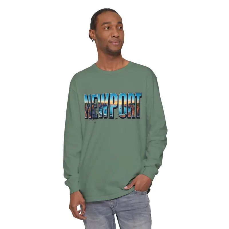 Green long-sleeved shirt featured in Yellow Long Sleeved Shirt with Newport Graphic