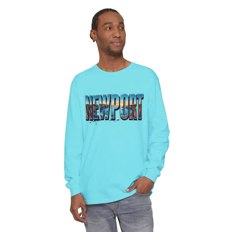 Light blue long-sleeved shirt displayed with Yellow Long Sleeved Shirt and Newport graphic