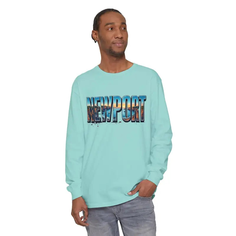 Light blue long-sleeved shirt displayed with Yellow Long Sleeved Shirt with Newport Graphic
