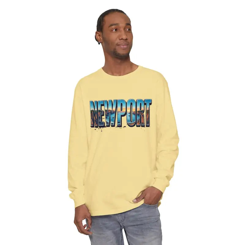 Yellow Long Sleeved Shirt with Newport Graphic displayed on a neutral background