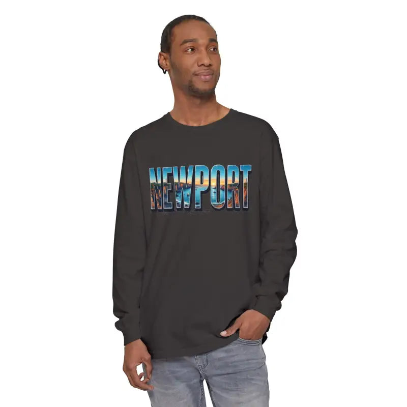 Yellow long-sleeved shirt featuring Newport graphic design for stylish casual wear