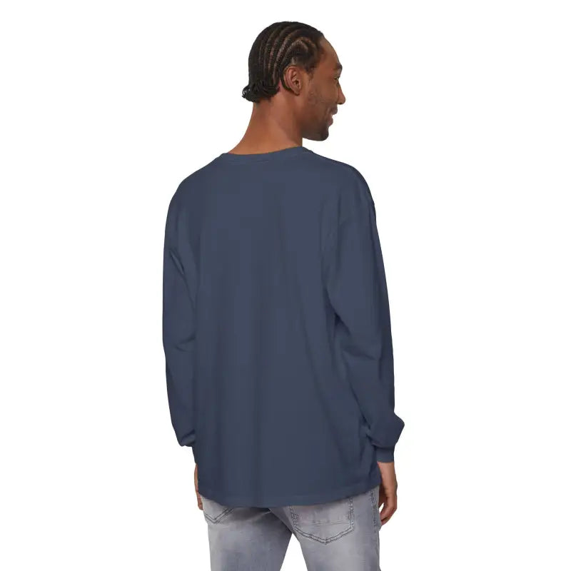 Man wearing a blue long-sleeved shirt next to Yellow Long Sleeved Shirt with Newport Graphic