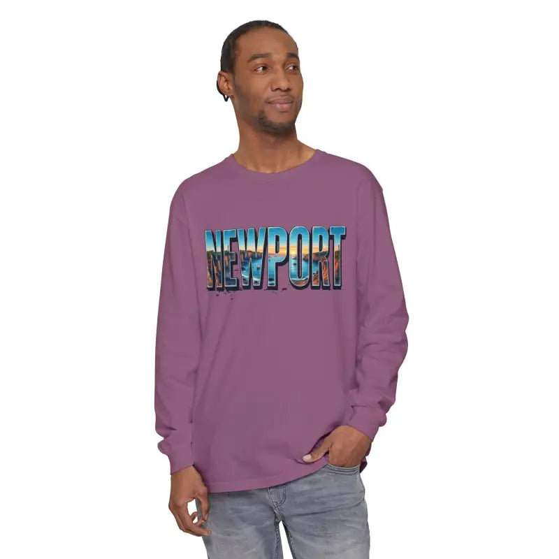Mauve long-sleeved shirt showcased with Yellow Long Sleeved Shirt featuring Newport graphic