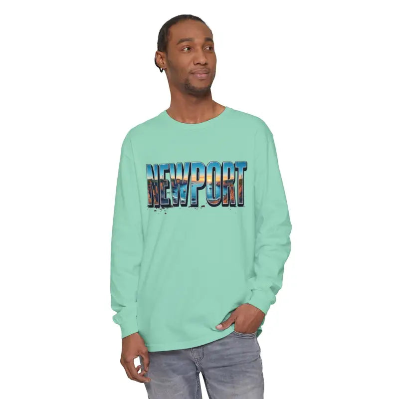 Mint-green long-sleeve shirt featured in Yellow Long Sleeved Shirt with Newport Graphic