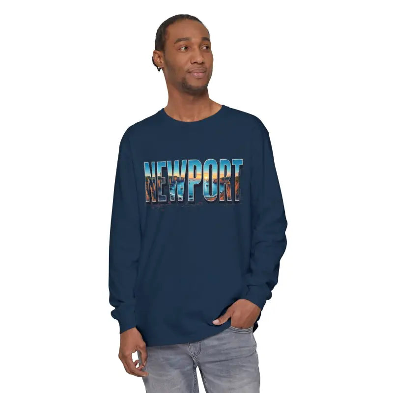 Navy long-sleeved shirt featured in Yellow Long Sleeve Shirt with Newport Graphic