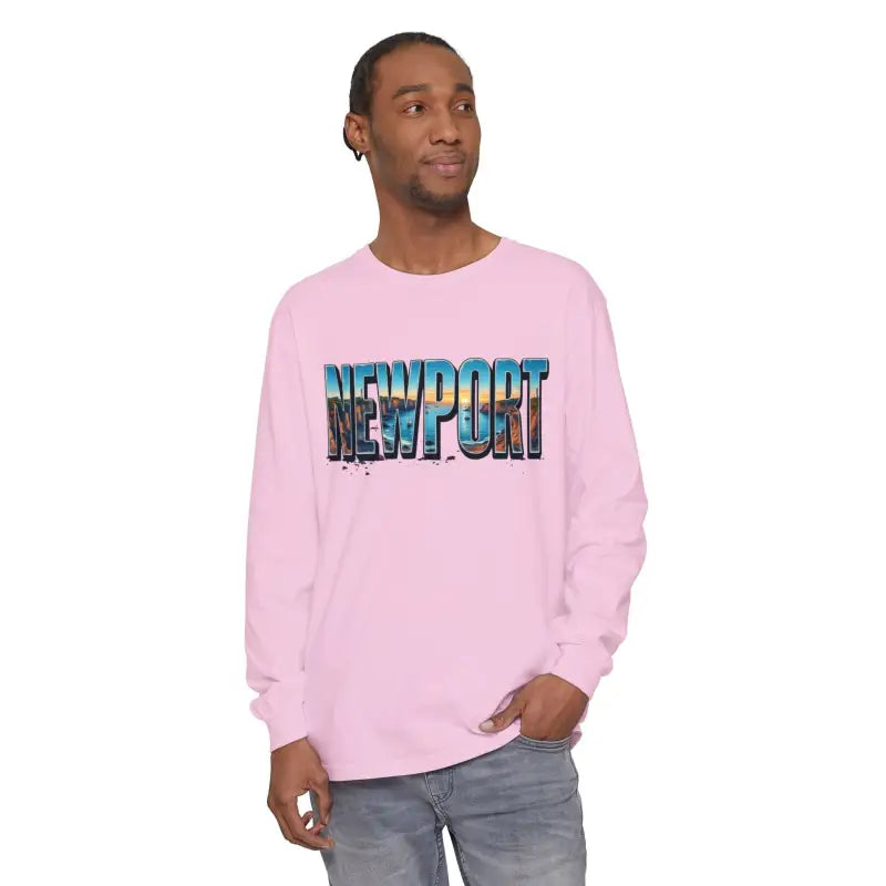 Pink long-sleeved shirt featuring Newport graphic for stylish casual wear