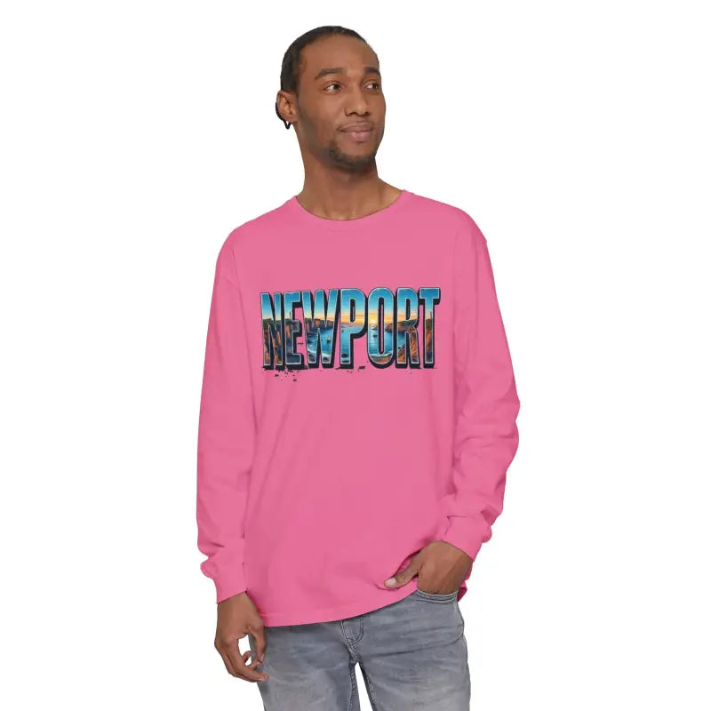 Pink long-sleeved shirt displayed with Yellow Long Sleeved Shirt with Newport Graphic