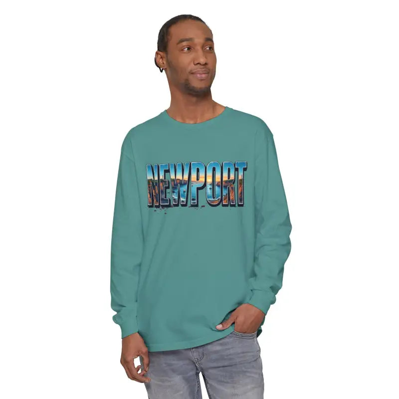 Teal long-sleeved shirt displayed with Yellow Long Sleeved Shirt featuring Newport graphic
