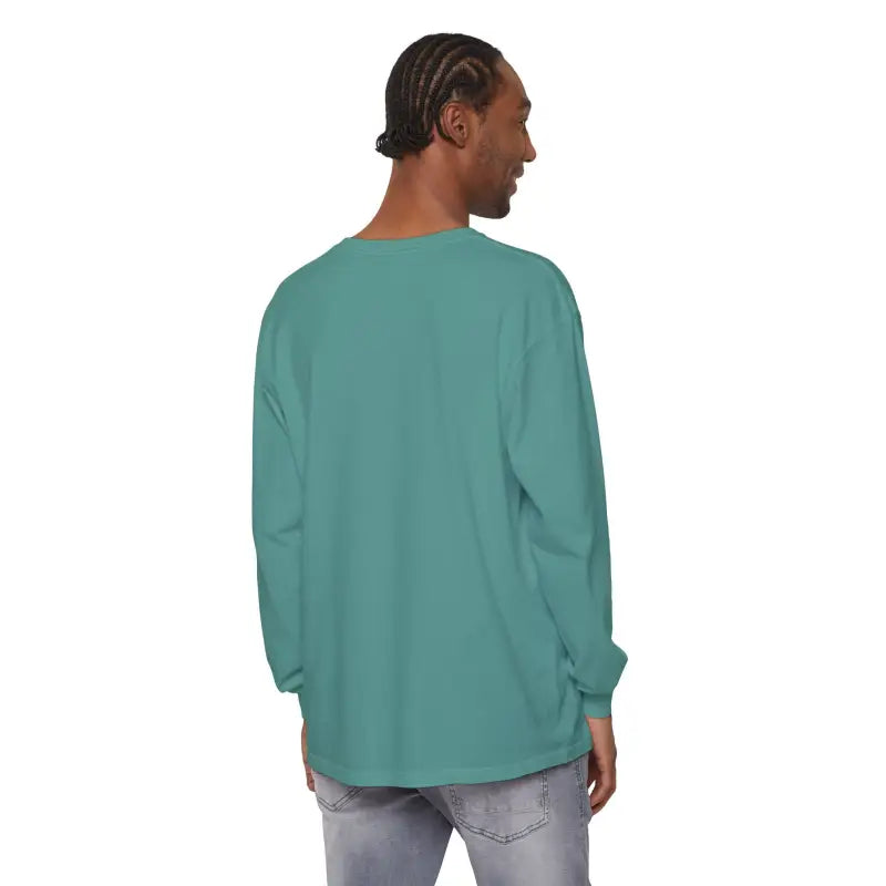Turquoise long-sleeved shirt showcased in Yellow Long Sleeved Shirt with Newport Graphic