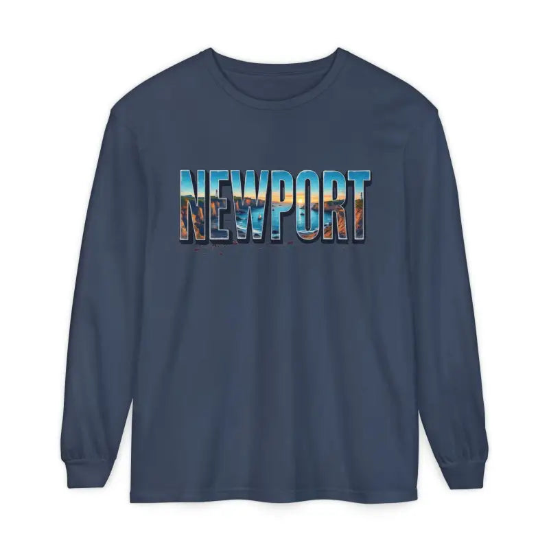 Blue long-sleeved shirt featuring Newport graphic in a stylish design