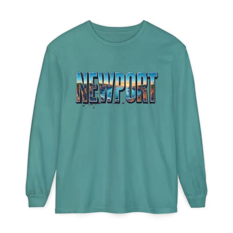 Teal long-sleeved shirt showcased with Yellow Long Sleeved Shirt featuring Newport Graphic